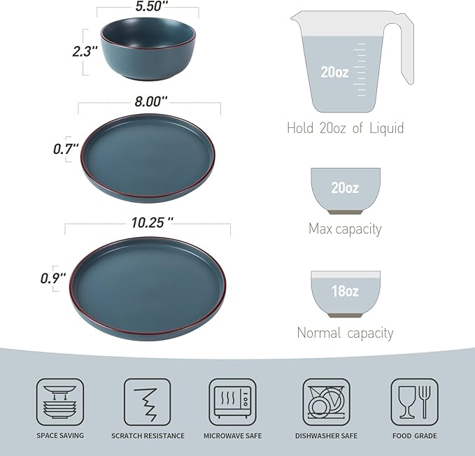 Famiware Mercury 24 Pieces Dinnerware Sets, Plates and Bowls Sets for 8, Microwave and Dishwasher Safe Dish Set, Charcoal