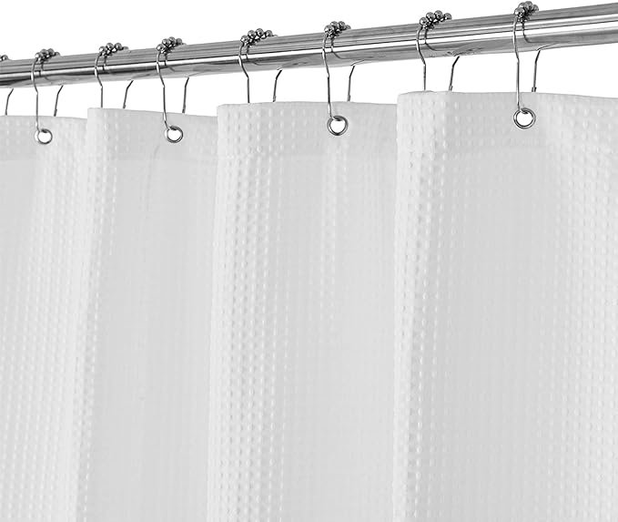 Barossa Design Waffle Weave White Shower Curtain Hotel Luxury Quality, Fabric Shower Curtains for Bathroom, Pique Pattern Cloth, Water Repellent and Machine Washable, Standard Size 71" x 72"