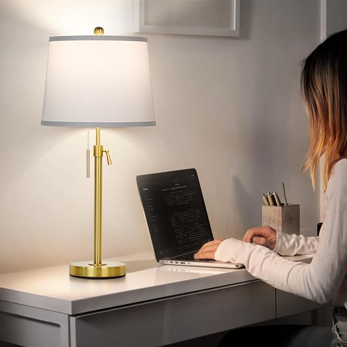 Gold Table Lamps Set of 2, Adjustable Height Tall Lamp with White Shade 3 Color Temperature Pull Chain Modern Brass Lamp for Living Room Bedroom Bedside End Table Nightstand (9W LED Bulbs Included)