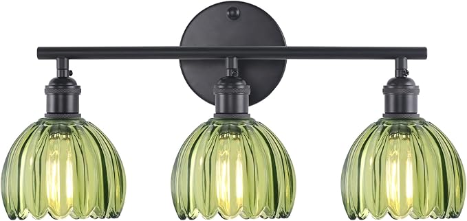 Bathroom Light Fixtures, 3-Light Black Vanity Wall Light Over Mirror with Green Tulip Glass Shade for Bedroom Living Room