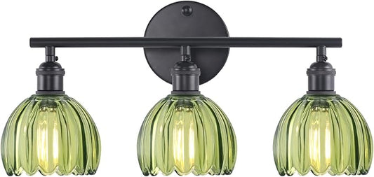 Bathroom Light Fixtures, 3-Light Black Vanity Wall Light Over Mirror with Green Tulip Glass Shade for Bedroom Living Room