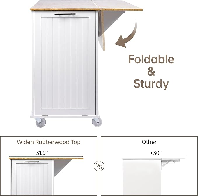 Rolling Kitchen Island with Drop Leaf, Kitchen Island Cart on Wheels with 43.3" W Top, Portable Kitchen Cart with Trash Can Storage, Kitchen Islands with Storage for Small Space, White