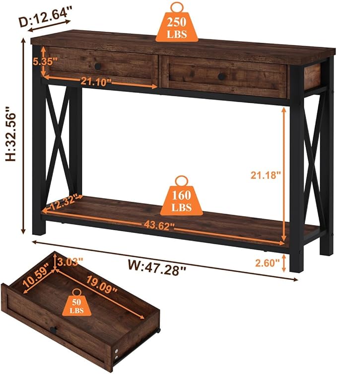BON AUGURE Console Table with 2 Drawers, Entryway Tables with Storage, Sofa Table Behind Couch for Living Room, Farmhouse Entry Tables for Hallway, Foyer, Front Door (Rustic Oak, 47 Inch)
