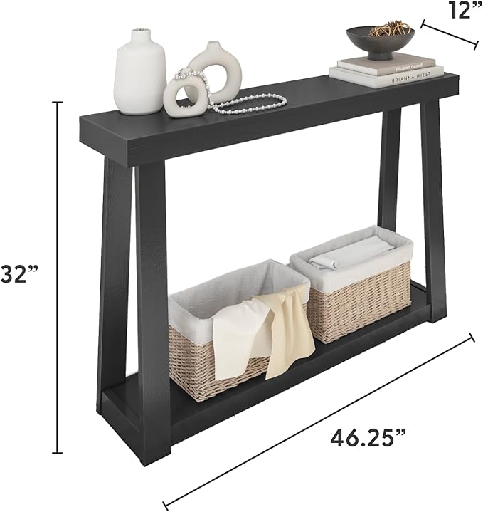 Plank+Beam Solid Wood Console Table with Storage, 46.25 Inch, Sofa Table with Shelf, Narrow Entryway Table for Hallway, Behind The Couch, Living Room, Foyer, Easy Assembly, Black