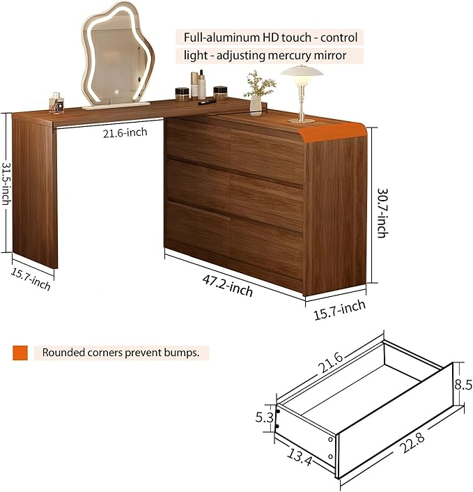 Makeup Vanity Desk with Cloud HD Lighted Mirror, 50-94in Extendable Modern Vanity Table Set with Chair, 6-Drawer Storage Cabinet with Rounded Corners (Vanity1)