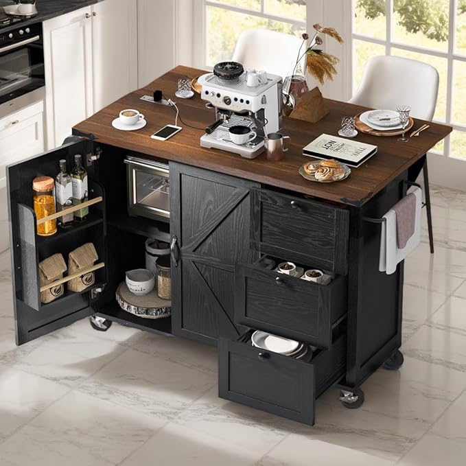 Farmhouse Kitchen Island Breakfast Bar with Drop Leaf, Power Outlet, Rolling Island Cart on Wheels Unfold Table with 3 Drawer, Srotage Cabinet, Spice Rack, Towel Rack(Black)