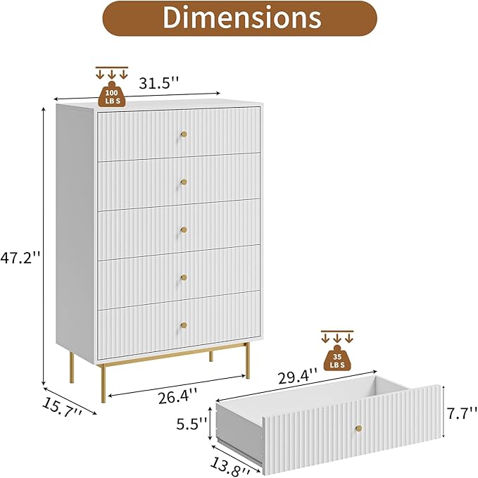 5 Drawer Dresser for Bedroom, Tall Dresser Chest of Drawers with Gold Handles, Wood Storage Cabinet for Bedroom, White