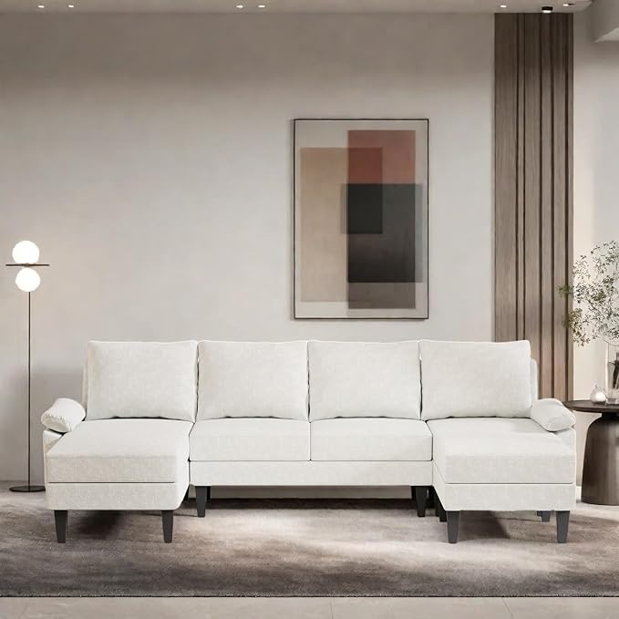 115 Inch U Shaped Sectional Couch with Chaise, 5-Seat Sofa with Moveable Ottoman, Modern Modular Sofa for Living Room, Apartment, Off-White