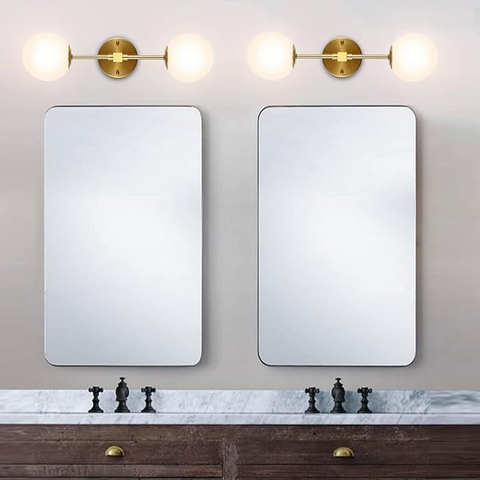 Modern Wall Sconce 2-Lights Industrial Mid Century Bathroom Vanity Wall Light with White Globe Glass Lampshade Brushed Brass Finished Lighting Fixture (Gold Color)