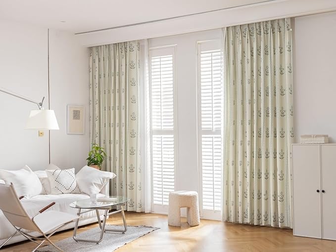 Linen Blend Pinch Pleated Curtains for Living Room, Bedroom, Dining Room - Light Filtering Curtains 2 Panels Set - Luxury and Modern Floral Printed Design - Antique White, 30" W x 96" L