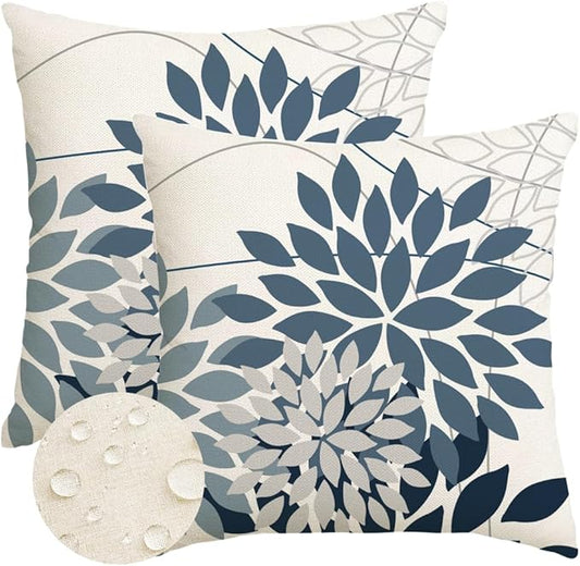 RABUSOFA Outdoor Pillow Covers 20x20 Inch Set of 2 Gray Blue Flower Decorative Waterproof Floral Outdoor Cushion Covers for Patio Funiture Garden Couch Decor