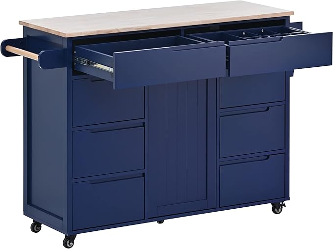 53 Inch Width/18.5 Inch Depth Kitchen Cart with Rubberwood Countertop on 5 Wheels, Rolling Kithcen Island with Storage Cabinet & 8 Handle-Free Drawers & Adjustable Shelf for Kitchen, Dark Blue
