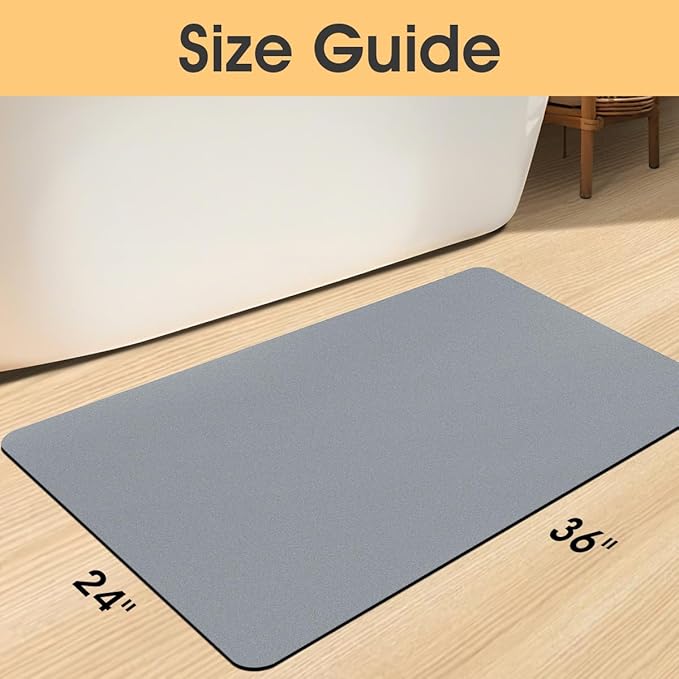 Ultra Thin Non-Slip Bath Mat Fit Under Door, Upgrade Backing Non Slip Bath Mat, Quick Dry Ultra Absorbent Bathroom Rugs, Machine Washable Bath Mats for Bathroom, Bathtub & Kitchen, Grey, 36"x24"