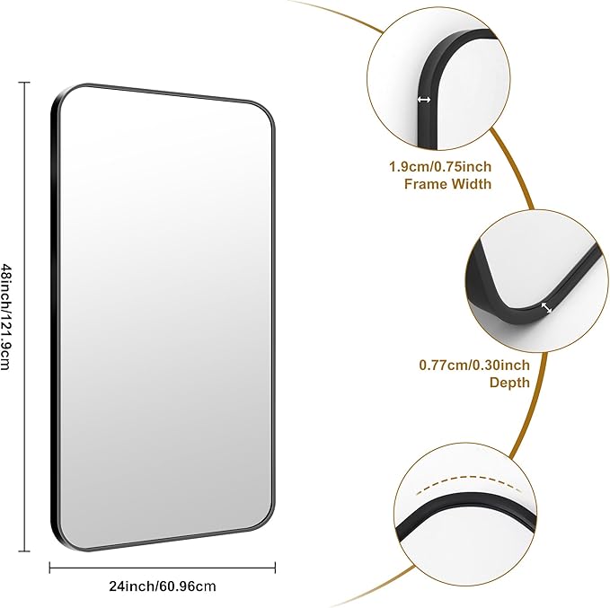 KOCUUY Black Bathroom Vanity Mirror, 24 x 48 inch Metal Frame Mirror with Rounded Corner, Rectangle Design of Upgraded Shatterproof Glass for Bathroom, Bedroom, Living Room, Entryway