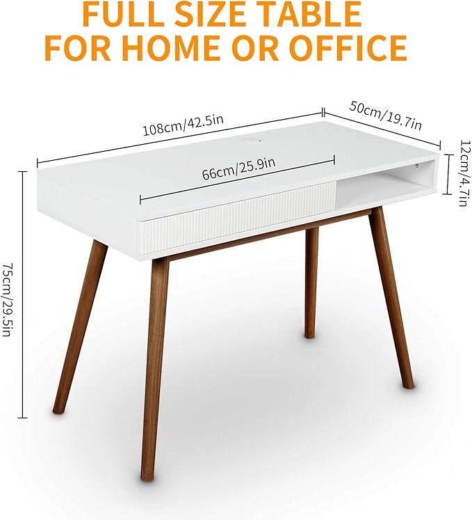 Artswish White Writing Desk with Drawers Mid Century Modern Desk, Wood Office Computer Desks for Small Space, White Desks with Walnut Legs