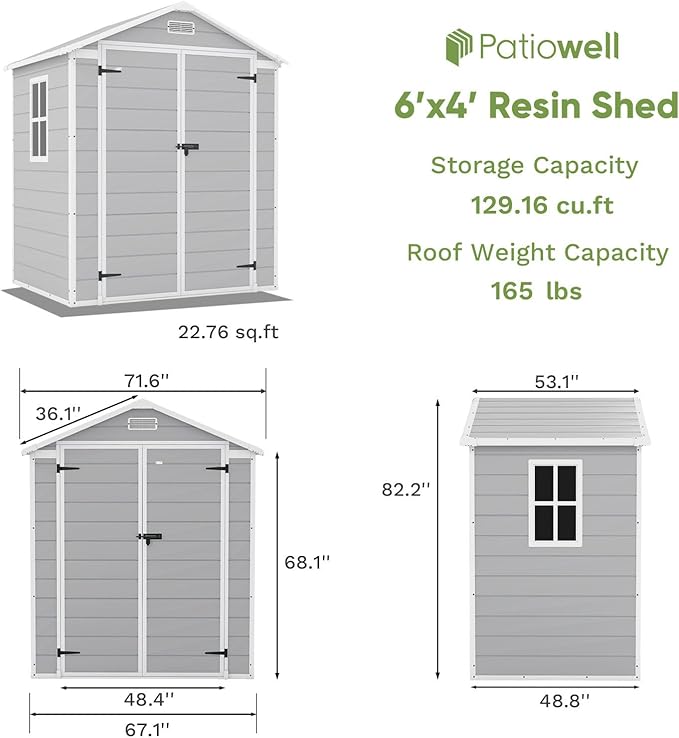 Patiowell 6x4 FT Plastic Outdoor Storage Shed, Resin Shed Perfect to Store Patio Furniture, GardenTools Bike Accessories, Beach Chairs and Lawn Mower,Light Grey