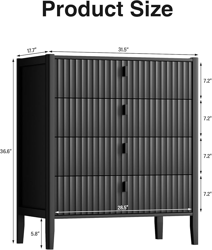 Black 4 Drawer Dresser, 31.5" Wide White Modern Dresser with Fluted Front & Metal Handles for Bedroom, Living Room