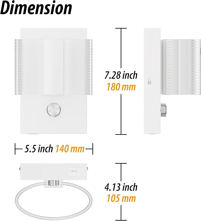 URSOLA Wall Sconce LED Wall Lamp with Dimmer Switch and USB Charging Port Oval Linear Sleek Lampshade 110 Volt Hardwired Wall Light 4000K Sconces Wall Lighting (White)