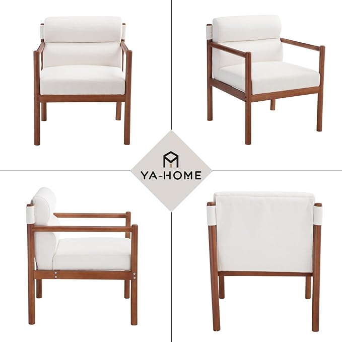 Mid-Century Accent Chair, Modern Linen Fabric Lounger Chair Upholstered Armchair with Walnut Wood Frame, Upholstery Back Leisure Chair for Living Room, Balcony, 1PC, White