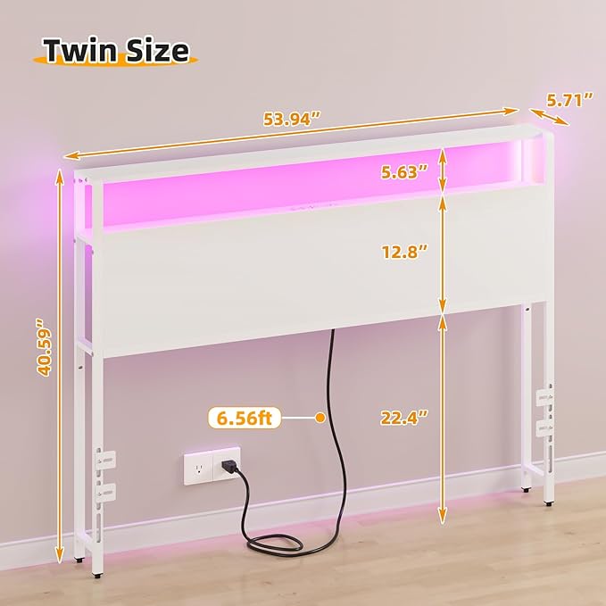 Full Sized Headboard with 2 Tiers Storage Shelves, Sturdy and Stable Headboard with Charging Station, USB Ports and LED Light for Full Bed Frame, White