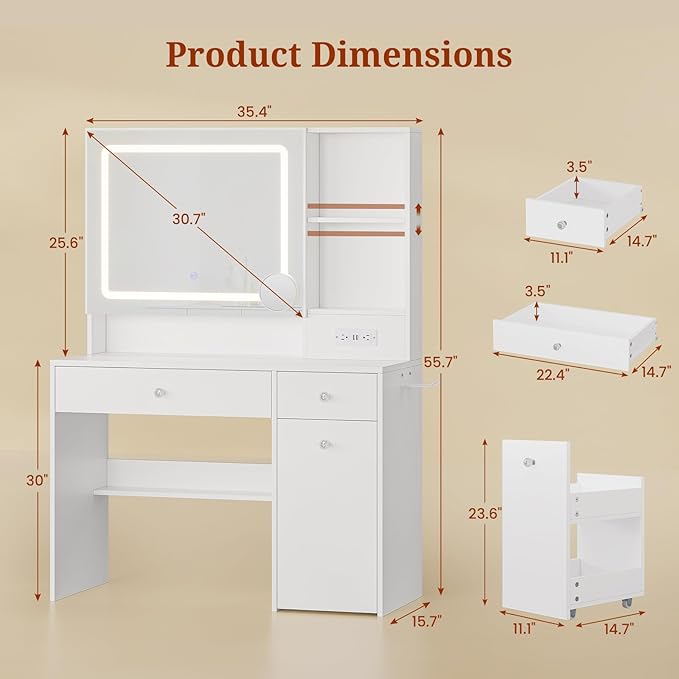 Vanity Desk with Mirror and Lights,Power Outlet,3 Drawers,Pull-Out LED Mirror with 3 Light Modes,Brightness Adjustable,Rolling Makeup cart,Crystal Handles, hairdryer Rack,White