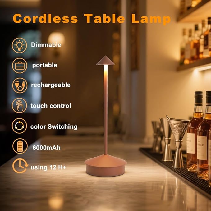 EJQ 2 Pack LED Cordless Table Lamp, Portable 6000mAh Rechargeable Aluminum, Touch Control Outdoor Table Lamp, 3 Color Dimmable Cordless Table Lamps for Restaurant, Patio, Bedroom, Outdoor - Brown