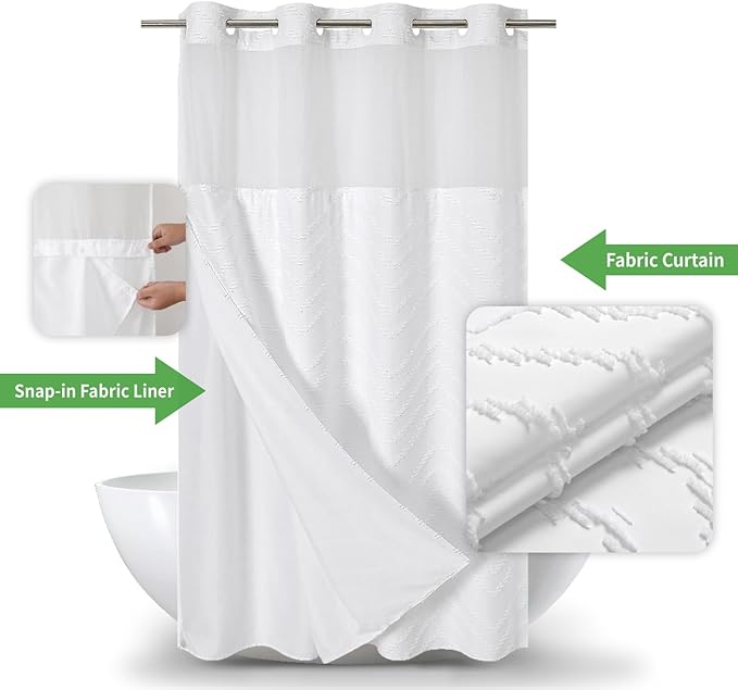 No Hook Boho Farmhouse Shower Curtain with Snap-in Fabric Liner set-54Wx80H(78H),White Tufted Chevron Striped Hotel Grade Cloth Shower Curtains for Bathroom with Window,Water Repellent