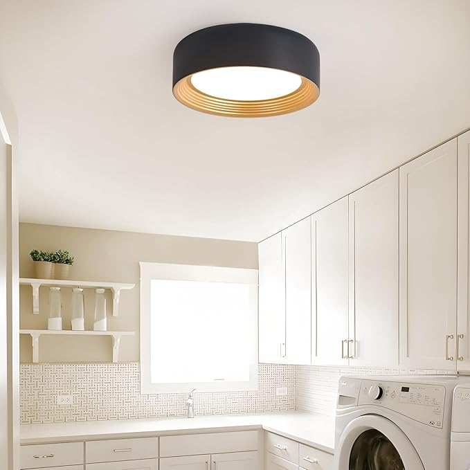 Dimmable Flush Mount Ceiling Light,Round 11.81 inch LED Ceiling Light,Modern Black with Gold Inside Lighting,24W 5CCT 3000K-6500K Selectable for Laundry Room Hallway Kitchen
