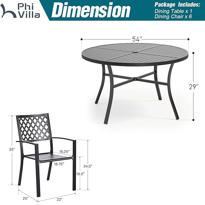 PHI VILLA 7 Pieces Outdoor Round Dining Set for 6, Wrought Iron Dining Table with Umbrella Hole & Stackable Metal Steel Chairs, Modern Dining Furniture Set for Patio, Deck, Backard, Porch
