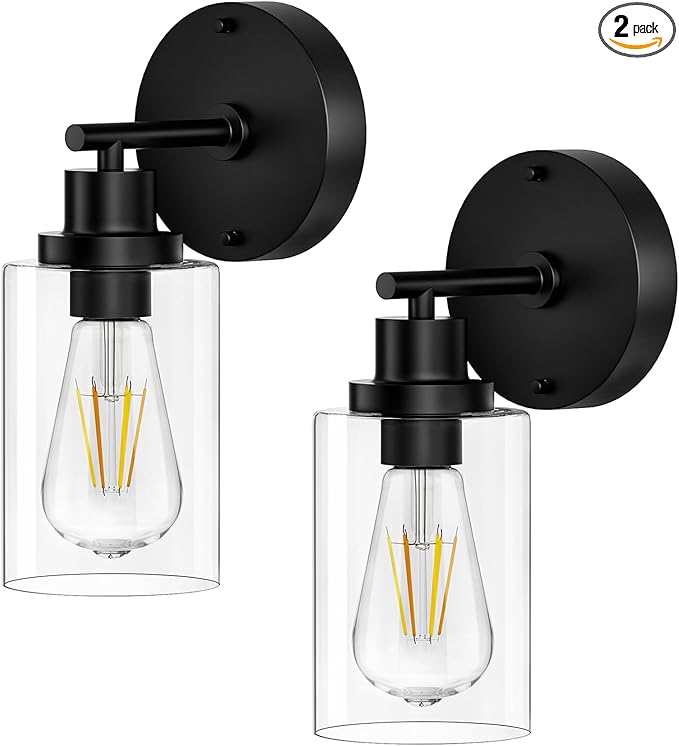 Bathroom Wall Sconces Set of Two: Black Vanity Light Fixtures with E26 Base LED Cordless Indoor Wall Mount Lamp for Mirror Bedroom Hallway Stairway Modern Decor Lighting