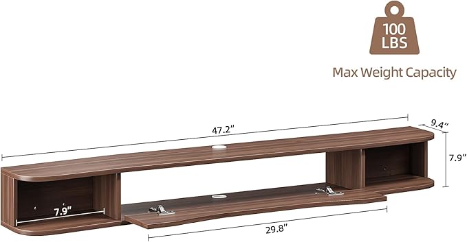 Floating TV Stand,47'' Wall Mounted TV Cabinet,Floating TV Console,Under TV Shelf with 1 Door and 2 Cabinets for TVs up to 55''(Walnut)
