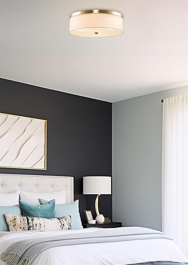 Kira Home Walker 20" Large Mid-Century Modern 3-Light Flush Mount Ceiling Light, White Fabric Shade + Round Glass Diffuser, Cool Brass Finish