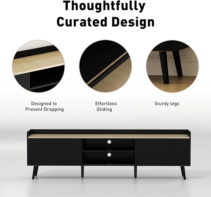 Bonzy Home 70'' Fluted TV Stand Modern Entertainment Center with Sliding Doors & Storage for up to 75'' TV, Media TV Console for Living Room & Bedroom, Black
