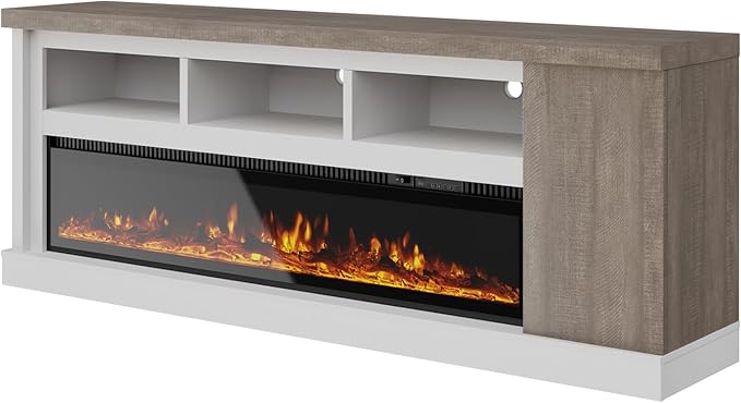 75” Fireplace TV Stand with 60” Electric Fireplace, Chunky Entertainment Center with Wood Grain, Color Clash Entertainment Stand for TVs up to 85”, White&Grey