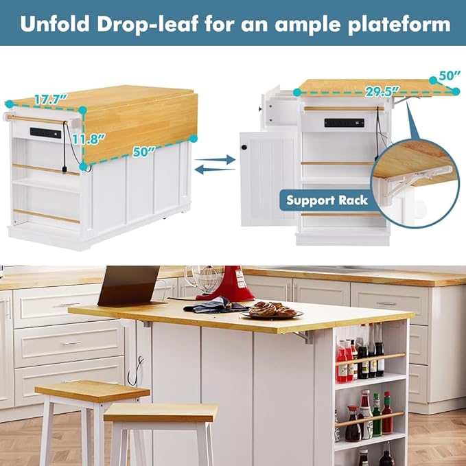 Rolling Kitchen Island with 2 Bar Stools, Kitchen Cart on Wheels with Drop Leaf, Mobile Kitchen Storage Cart with Power Outlet, 53 Inch Width (with 2 Bar Stools: White)