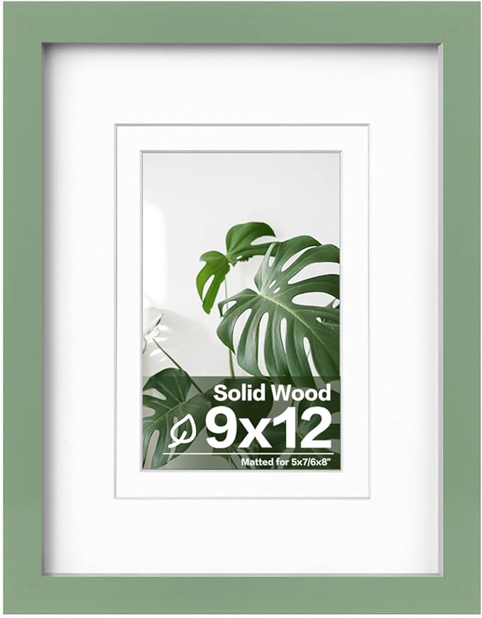 Egofine 9x12 Picture Frame Made of Solid Wood Covered by Plexiglass, Wood Frame for Pictures 5x7/6x8 with Mat or 9x12 without Mat, Tabletop and Wall Mounting Display, Green