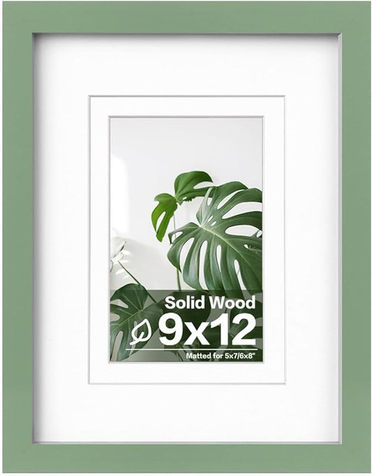 Egofine 9x12 Picture Frame Made of Solid Wood Covered by Plexiglass, Wood Frame for Pictures 5x7/6x8 with Mat or 9x12 without Mat, Tabletop and Wall Mounting Display, Green