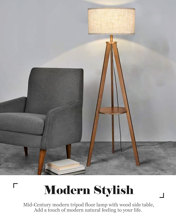 ELYONA Solid Wood Tripod Floor Lamp 3 Color Temperatures LED Blub Tall Standing Light with Table Mid Century Modern Corner Reading Floor Lamp for Living Room Bedroom Office Pull Chain Controls Brown