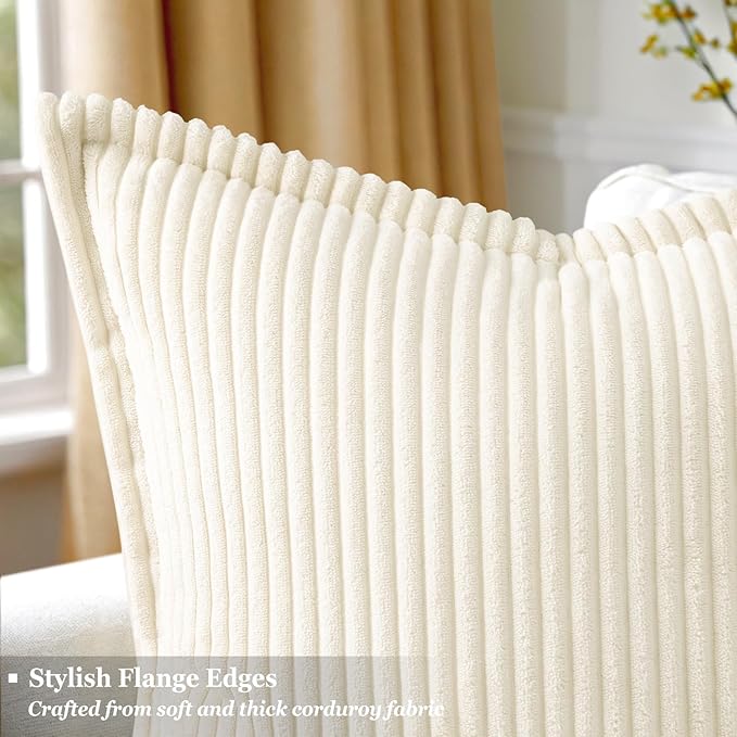 decorUhome Corduroy Cream White Throw Pillow Covers 24x24 Set of 2 Decorative Soft Boho Striped Neutral Euro Farmhouse Couch Pillow Covers with Broadside for Living Room Bed Sofa