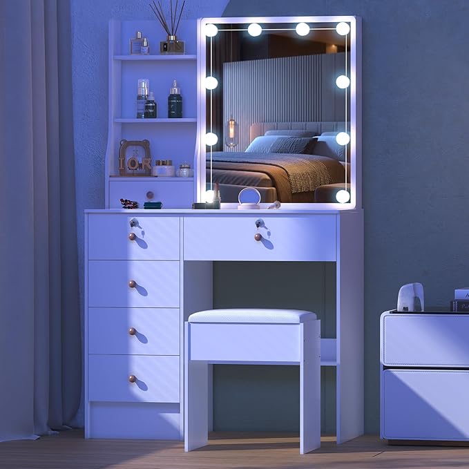 Vanity Desk with Sliding Mirror and Lights, Small Makeup Vanity Table Set with Chair and Drawers, White Vanity with Lighted Mirror for Bedroom, Dressing Table for Teen Girls and Women