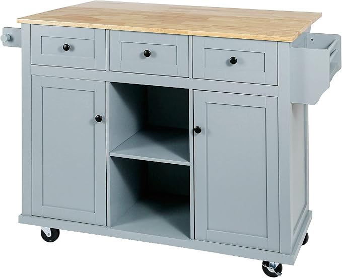 Rolling Mobile Kitchen Island Cart Cabinet with Door Internal Storage Racks, 3 Drawers and 5 Locking Wheels for Dining Room