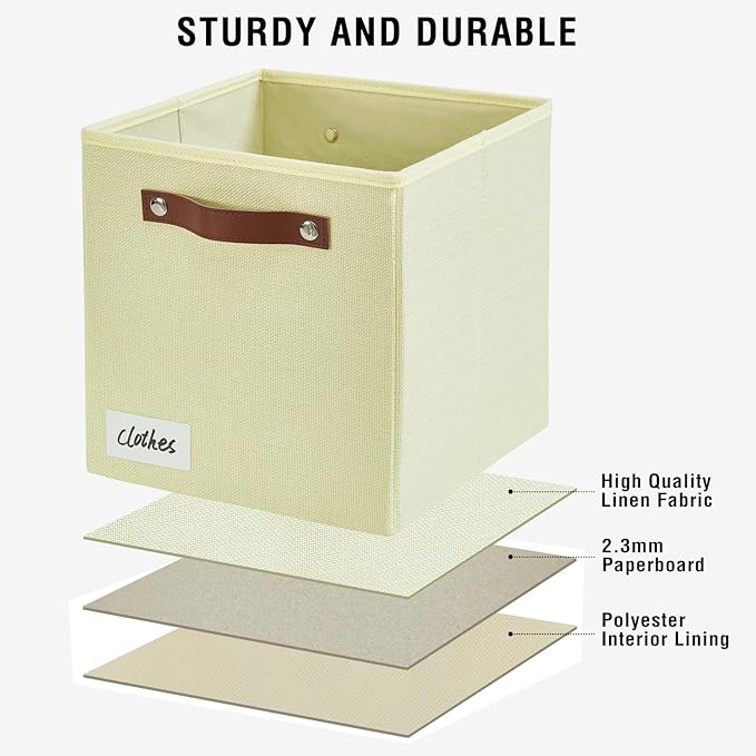Collapsible Fabric Storage Cube Bins with 2 Reinforced PU Handles, Foldable Storage Organizer Baskets for Closet, Shelves, Living Room | 11"x11"x11", 4 Pack, Full Beige