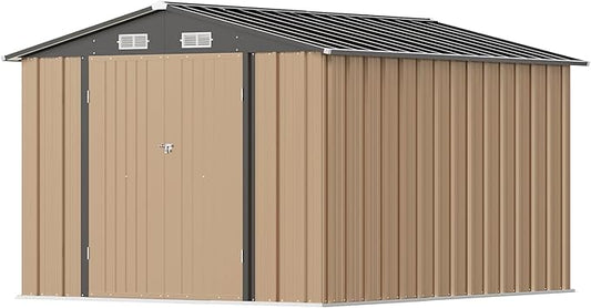 Greesum 8×10FT Outdoor Storage Shed, Metal Patio Storaged Sheds with Lockable Doors, Sheds & Outdoor Storage for Bike, Backyard, Pool and Garden, Brown