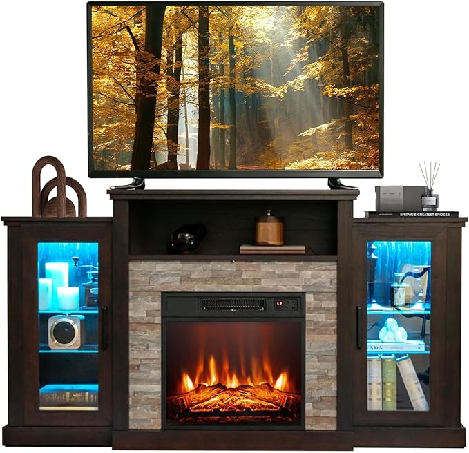 COSTWAY Electric Fireplace TV Stand for TVs Up to 65 Inches, 18-inch Fireplace Insert with APP & Remote Control, 16 Color Lights, Wooden Entertainment Center with Adjustable Shelves (Dark Brown)