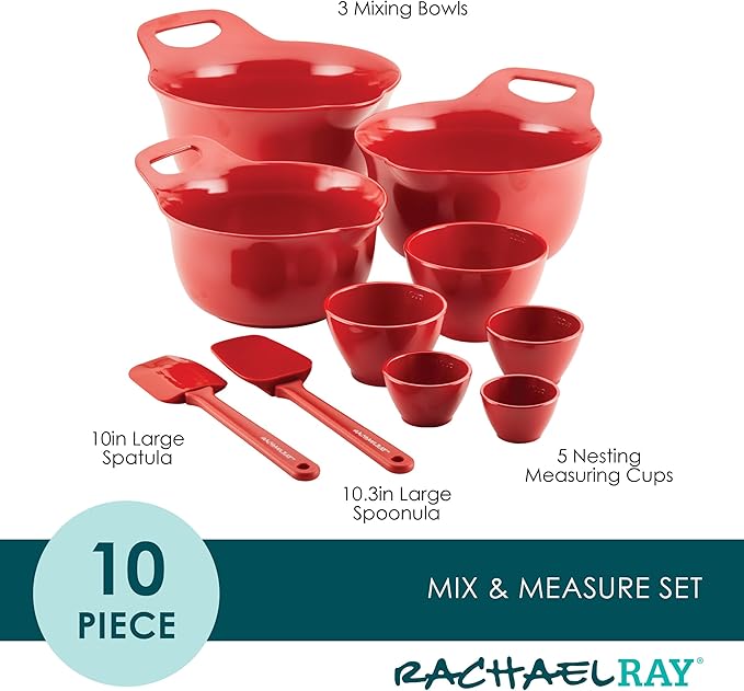 Rachael Ray Pantryware Nesting Mixing Bowls with Built-in spouts and Handles and Measuring Cups For Space-saving storage, Utensil Set, Dishwasher Safe, 10 Piece, Red