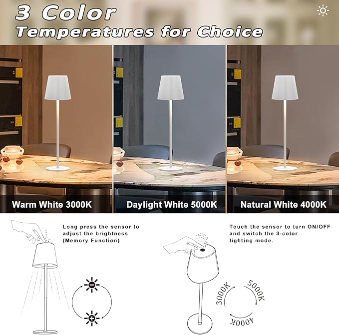 Kakanuo Cordless Table Lamp, Battery Operated Lamp, Portable Desk Lamp, Wireless Rechargeable Lamp, 3 Color Stepless Small Table Lamp for Restaurant, Bar, Party, Camping and Bedroom - White