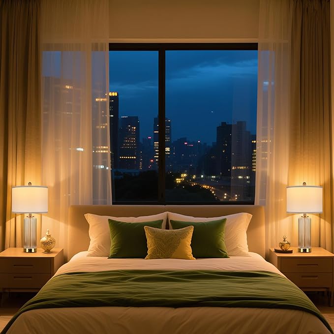 Table Lamps Set of 2 with Touch Control, 27" Modern Glass Bedside Lamps with USB A+C Ports, 3-Way Dimmable Nightstand Lamp with Vertical Grained Glass, Bedside Table Lamps, Desk Lamp for Bedroom