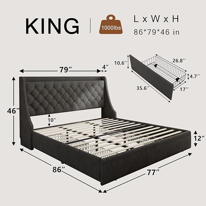 Upholstered King Size Bed Frame with 4 Storage Drawers, Platform Bed Frame with Wingback Headboard, Charging Station, No Box Spring Needed, Dark Grey