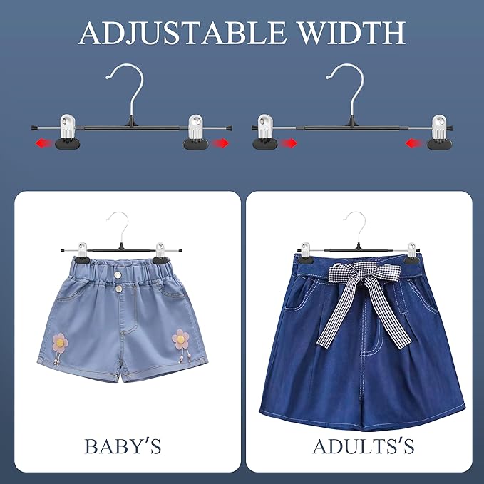 Clothes Pants Hangers with Wide Clips 10 Pack,Non-Slip Adjustable Skirt Hanger for Women,Space-Saving Heavy Duty Men Hangers for Pants,Trousers,Jeans,Shorts 12Inch Black