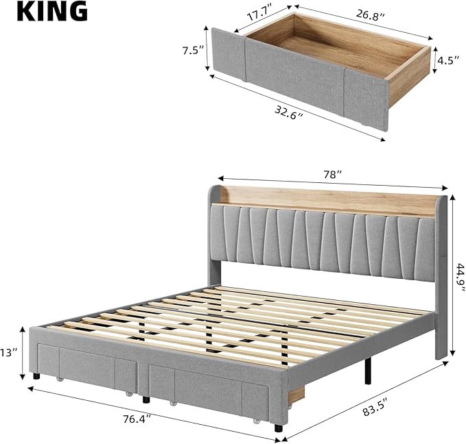 GarveeHome King Size Bed Frame with Storage Headboard, Upholstered Platform Beds with Drawers, Charging Station, Noise-Free, No Box Spring Needed, Easy Assembly, Light Grey